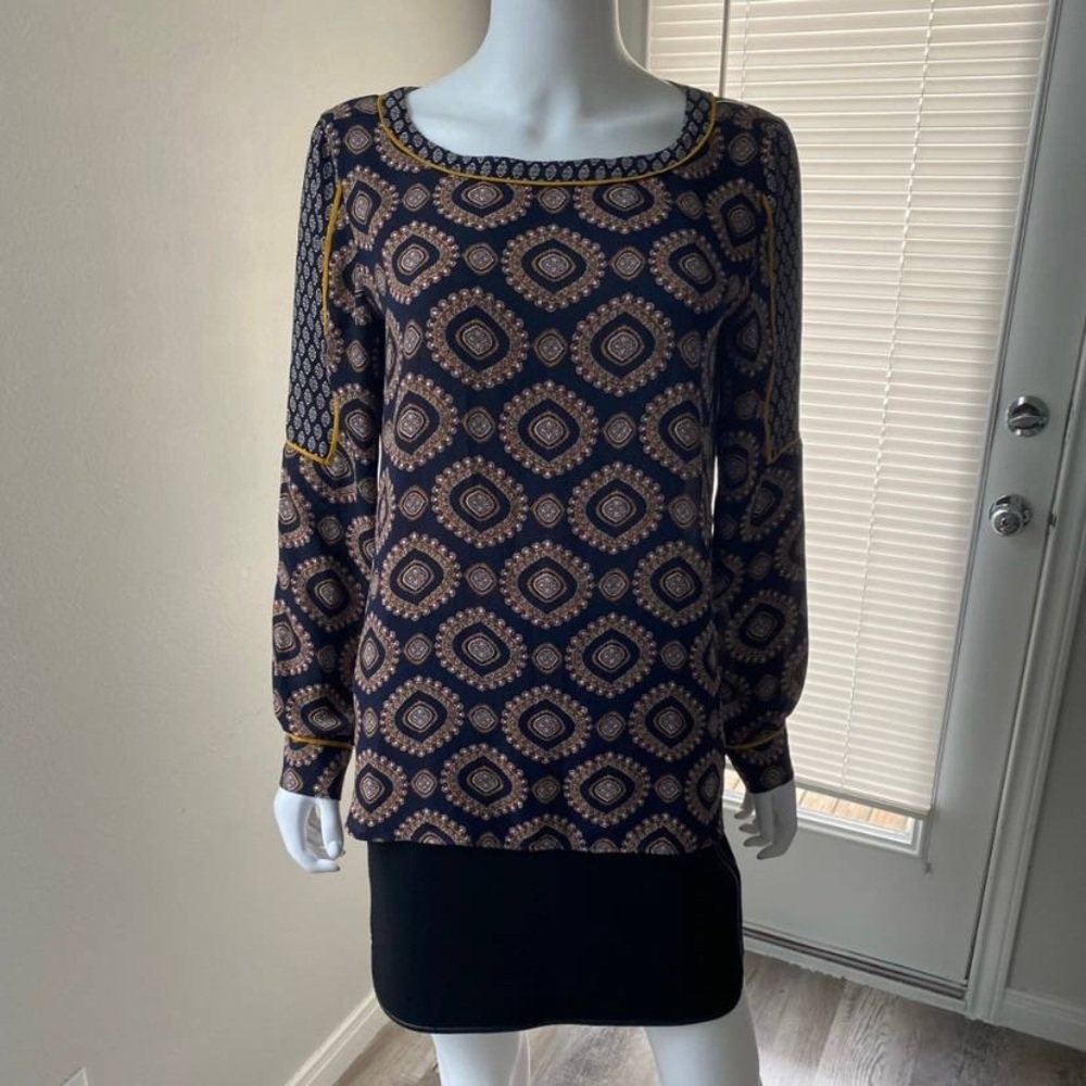 LOFT Boho Geometric Pattern Long Sleeve Blouse Sz S